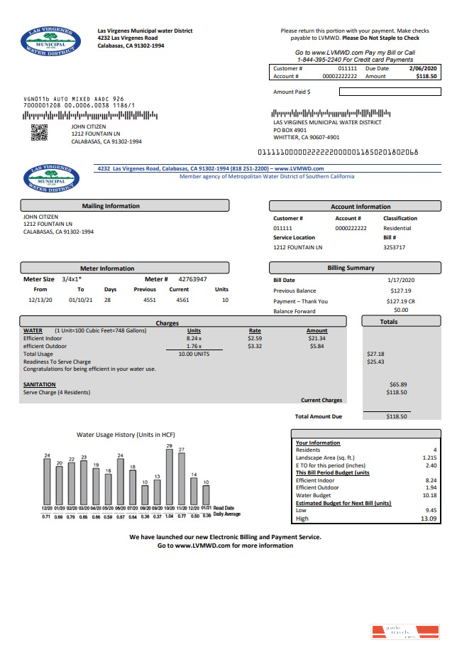 USA California Las Virgenes Municipal Water District utility bill template in Word and PDF format